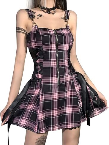 Panegy Plaid Mini Dress Y2k Gothic Punk Lace Up Vintage Lolita Dresses in Saudi Arabia