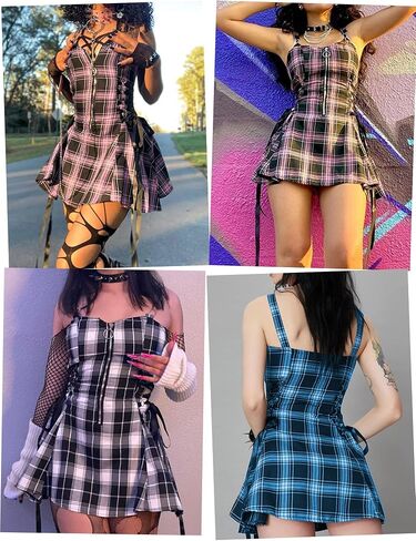 Panegy Plaid Mini Dress Y2k Gothic Punk Lace Up Vintage Lolita Dresses in Saudi Arabia