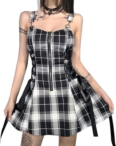 Panegy Plaid Mini Dress Y2k Gothic Punk Lace Up Vintage Lolita Dresses in Saudi Arabia