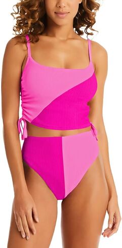 Pink Queen Women's 2 Piece Swimsuit Scoop Neck Ribbed Drawstring Ruched Crop Top High Waisted Bikini Sets Bathing Suit in Saudi Arabia