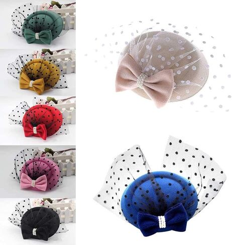 GSHLLO النساء السيدات Bowknot الفاسناتور القبعات قبعة مستديرة مع الحجاب الشاي حفلة أغطية الرأس غطاء الرأس مشبك شعر in Kuwait