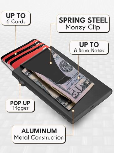 Pop Up Stealth Wallet with Money Clip - RFID Blocking Minimalist Wallet for Men, Aluminum Metal Wallet Slim Mens Wallet for Everyday Use and Travel Use (Black) in Saudi Arabia