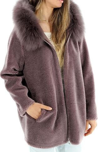 La Fiorentina Women's Shearling Jacket with Fox Fur Hood, Dark Mauve, Dark Mauve, M in Kuwait