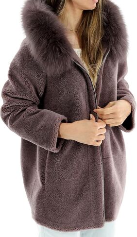 La Fiorentina Women's Shearling Jacket with Fox Fur Hood, Dark Mauve, Dark Mauve, M in Kuwait