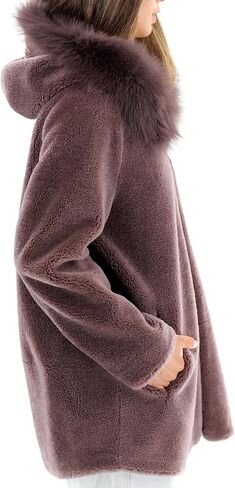 La Fiorentina Women's Shearling Jacket with Fox Fur Hood, Dark Mauve, Dark Mauve, M in Kuwait