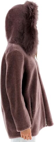 La Fiorentina Women's Shearling Jacket with Fox Fur Hood, Dark Mauve, Dark Mauve, M in Kuwait