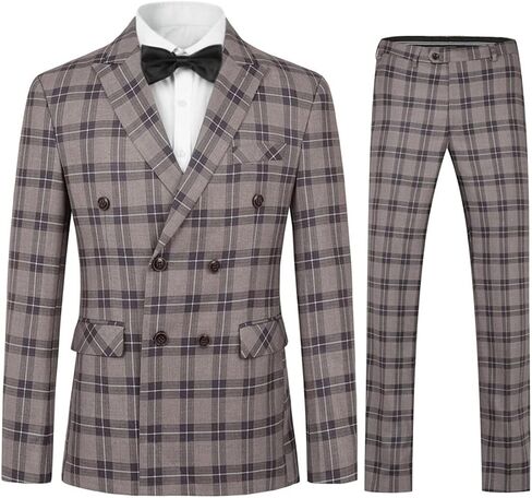 Iynnijoy Mens Plaid Suit Double Breasted Slim Fit 2-Piece Formal Jacket Tux Pants for Prom Wedding Party in Saudi Arabia