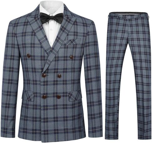 Iynnijoy Mens Plaid Suit Double Breasted Slim Fit 2-Piece Formal Jacket Tux Pants for Prom Wedding Party in Saudi Arabia