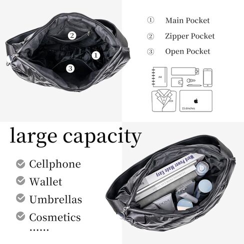 حقيبة مبطنة للنساء، حقائب هوبو، حقائب يد بسحاب، حقائب يد منتفخة، حقيبة كتف كبيرة من النايلون للترفيه اليومي in Kuwait