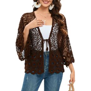 سترة نسائية فضفاضة من الكروشيه بطول 3/4 كم مفتوحة من الأمام ورباط بوهو in Kuwait