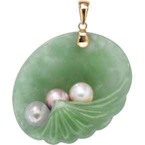PalmBeach 14K Yellow Gold Genuine Green Jade and Cultured Freshwater Pearl Shell Shaped Charm Pendant (37mm) in Kuwait