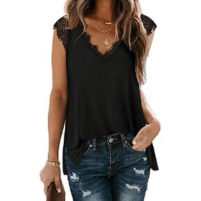 Poetsky Women's V Neck Lace Tank Tops Loose Casual Sleeveless Tunic Shirts Side Split