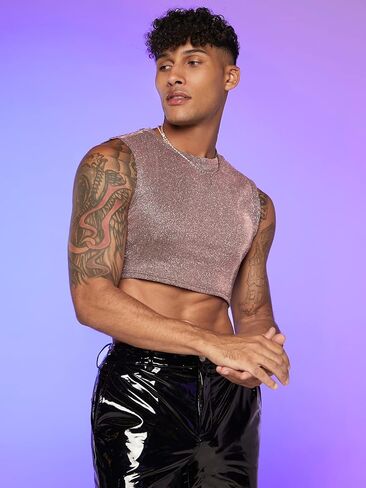 COZYEASE Men's Metallic Top Round Neck Slim Fit Crop Top Disco Sequin Tops Party Club Night Outfits in Saudi Arabia