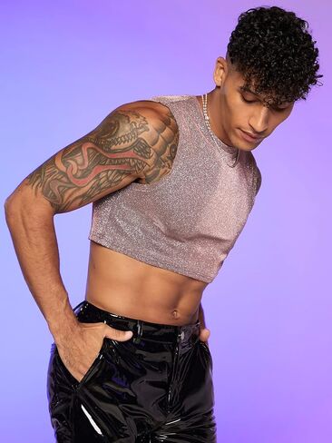 COZYEASE Men's Metallic Top Round Neck Slim Fit Crop Top Disco Sequin Tops Party Club Night Outfits in Saudi Arabia