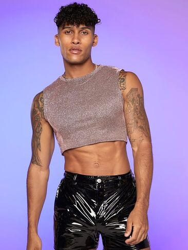 COZYEASE Men's Metallic Top Round Neck Slim Fit Crop Top Disco Sequin Tops Party Club Night Outfits in Saudi Arabia