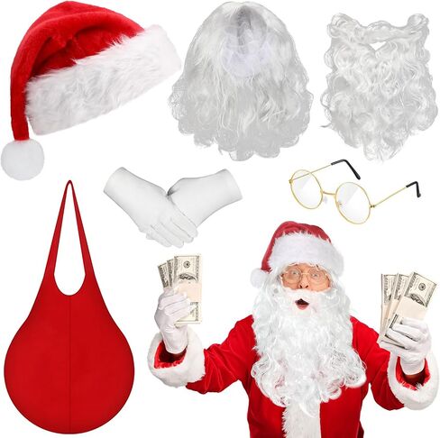 Newcotte 6 Pcs Adults Christmas Santa Costume Accessories Santa Fake Padded Belly White Beard Wig Santa Hat Round Glasses Gloves for Men Women Christmas Cosplay Party Photo Prop in Saudi Arabia