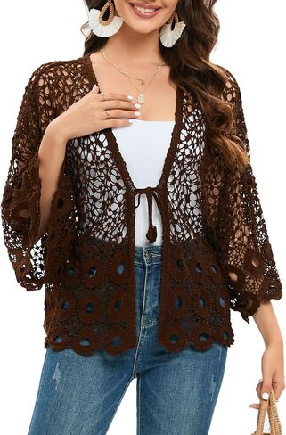 سترة نسائية فضفاضة من الكروشيه بطول 3/4 كم مفتوحة من الأمام ورباط بوهو in Kuwait