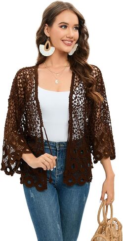 سترة نسائية فضفاضة من الكروشيه بطول 3/4 كم مفتوحة من الأمام ورباط بوهو in Kuwait