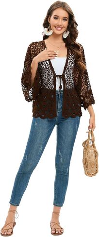 سترة نسائية فضفاضة من الكروشيه بطول 3/4 كم مفتوحة من الأمام ورباط بوهو in Kuwait