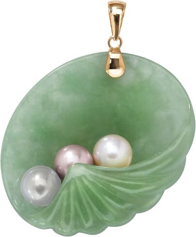 14K Yellow Gold Genuine Green Jade and Cultured Freshwater Pearl Shell Shaped Charm Pendant (37mm) in Saudi Arabia