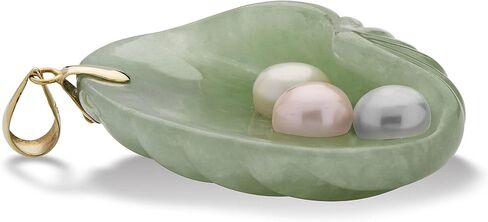 14K Yellow Gold Genuine Green Jade and Cultured Freshwater Pearl Shell Shaped Charm Pendant (37mm) in Saudi Arabia