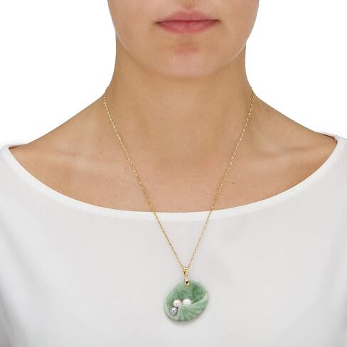 14K Yellow Gold Genuine Green Jade and Cultured Freshwater Pearl Shell Shaped Charm Pendant (37mm) in Saudi Arabia