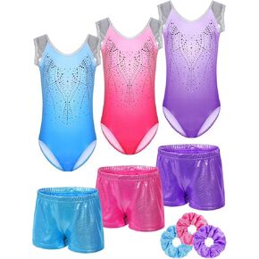 Breathffy 3 Packs Gymnastics Leotards for Girls with Shorts Tumbling Outfits for Girls Dance Outfit Girls Dance Short Glitter Dancewear with Matching Shorts Hair Bracelets Set, 7-8 Years in Saudi Arabia