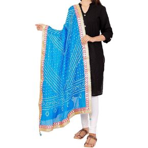 Way2like Women Jaipuri Bandhani Dupatta with Gota Work and latkan Rajasthani Silk Bandhej Multicolor Scarf