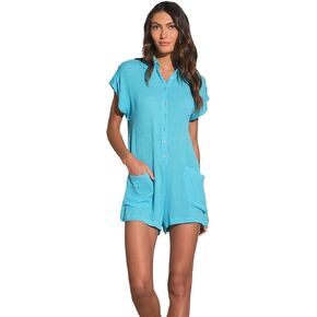 ELAN Women's Short-Sleeve Collared Button-Down Romper in Kuwait
