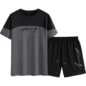 GORGLITTER Men's 2 Piece Letter Graphic Outfits Short Sleeve Crewneck T-Shirt and Drawstring Shorts Set