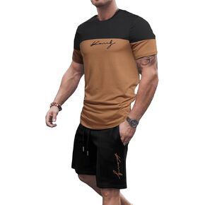 GORGLITTER Men's 2 Piece Letter Graphic Outfits Short Sleeve Crewneck T-Shirt and Drawstring Shorts Set