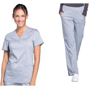مجموعة ملابس العمل النسائية من Cherokee Revolution WW610 Mock Wrap Top & WW110 منتصف الارتفاع مستقيم الساق سحب على بانت، رمادي - M Top / M Pant in Saudi Arabia