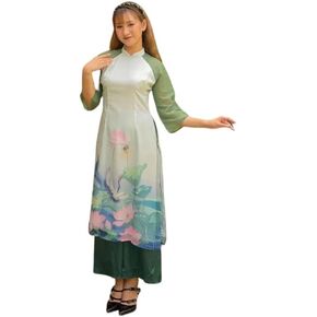 مجموعة CuteSass Green Lotus Pond Ao Dai | الفيتنامية الحديثة المعدة مسبقًا آو داي| السنة القمرية الجديدة| الحديث آو داي in Kuwait