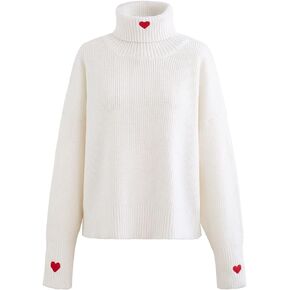 CHICWISH Women's Comfy Casual Long Sleeve Heart Shape Patched Grey/White/Navy Knit Top Pullover Sweater