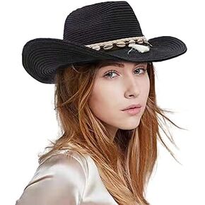 EOZY Women Men’s Cowboy Hat Western Summer Straw Hat for Girls with Wide Brim & Shell Tassels Trendy Lady Beach Sun Hats