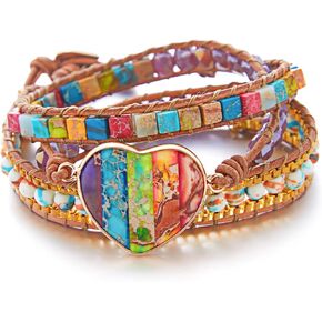 Xaena Boho Chic 7 Chakra Bead Wrap Bracelets for Women - Handmade with Natural Jasper Stone, Leather, and Exquisite Thread - Perfect for Yoga, Meditation, and Everyday Wear in Kuwait