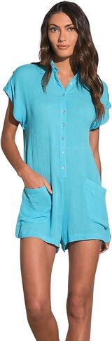 ELAN Women's Short-Sleeve Collared Button-Down Romper in Kuwait