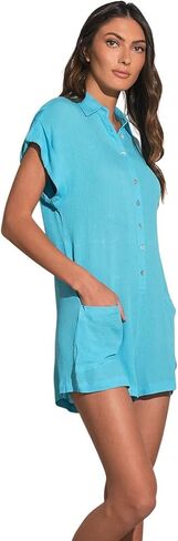 ELAN Women's Short-Sleeve Collared Button-Down Romper in Kuwait
