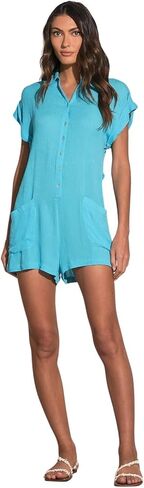 ELAN Women's Short-Sleeve Collared Button-Down Romper in Kuwait
