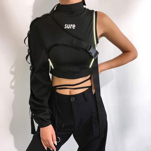 FlyCC Women Sexy One Shoulder Adjustable Buckle Crop Tops - Reflective Festival Rave Form Fitting Shrugs in Saudi Arabia