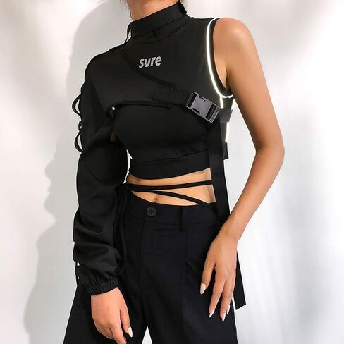 FlyCC Women Sexy One Shoulder Adjustable Buckle Crop Tops - Reflective Festival Rave Form Fitting Shrugs in Saudi Arabia