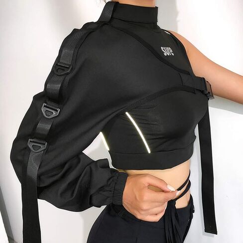FlyCC Women Sexy One Shoulder Adjustable Buckle Crop Tops - Reflective Festival Rave Form Fitting Shrugs in Saudi Arabia