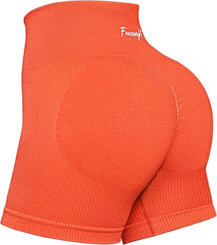 FRESOUGHT Womens Workout Gym Biker Shorts Tummy Control High Waisted Seamless Ribbed Scrunch Butt Yoga Booty Spandex Shorts in Kuwait