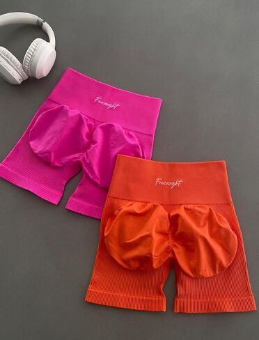 FRESOUGHT Womens Workout Gym Biker Shorts Tummy Control High Waisted Seamless Ribbed Scrunch Butt Yoga Booty Spandex Shorts in Kuwait