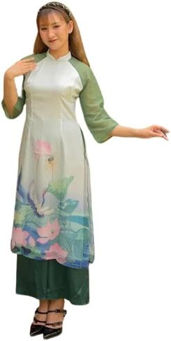 مجموعة CuteSass Green Lotus Pond Ao Dai | الفيتنامية الحديثة المعدة مسبقًا آو داي| السنة القمرية الجديدة| الحديث آو داي in Kuwait