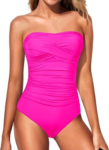 Yonique Womens Strapless One Piece Swimsuit Tummy Control Bandeau Bathing Suits Slimming Twist Front Swimwear in Saudi Arabia