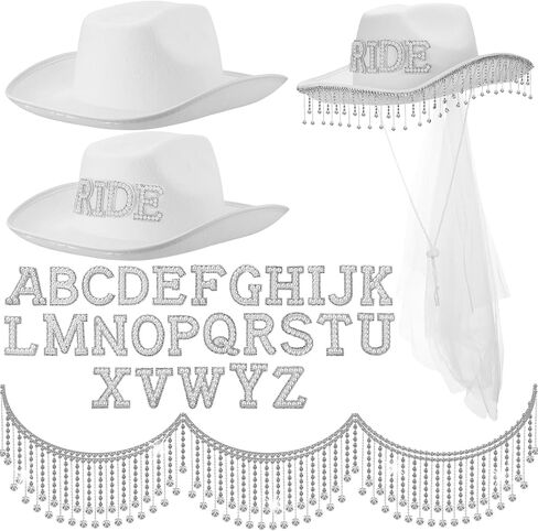 Toulite Wedding DIY Rhinestone Fringe Cowgirl Hat with Gauze White Cowboy Hat with Shinny 1 Yard Tassel and 26 A to Z Self Adhesive Pearl Alphabet Letter Patch for Men Women Cosplay Party Costume, in Saudi Arabia