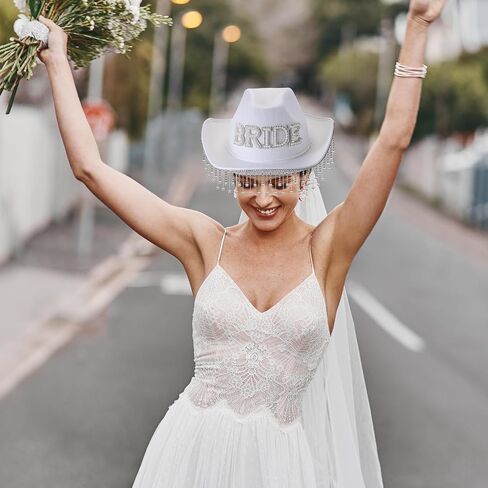Toulite Wedding DIY Rhinestone Fringe Cowgirl Hat with Gauze White Cowboy Hat with Shinny 1 Yard Tassel and 26 A to Z Self Adhesive Pearl Alphabet Letter Patch for Men Women Cosplay Party Costume, in Saudi Arabia