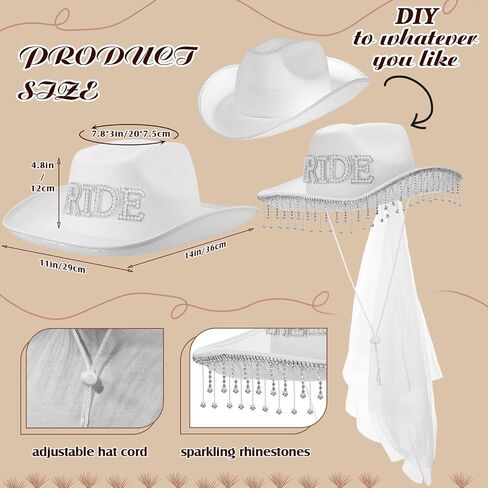 Toulite Wedding DIY Rhinestone Fringe Cowgirl Hat with Gauze White Cowboy Hat with Shinny 1 Yard Tassel and 26 A to Z Self Adhesive Pearl Alphabet Letter Patch for Men Women Cosplay Party Costume, in Saudi Arabia