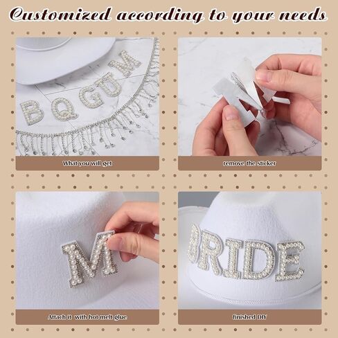 Toulite Wedding DIY Rhinestone Fringe Cowgirl Hat with Gauze White Cowboy Hat with Shinny 1 Yard Tassel and 26 A to Z Self Adhesive Pearl Alphabet Letter Patch for Men Women Cosplay Party Costume, in Saudi Arabia